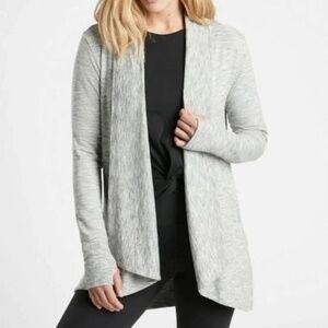 Athleta Sz S Oversized Dark Gray Open Cardigan‎ Stash Pockets Stretch Thumbholes